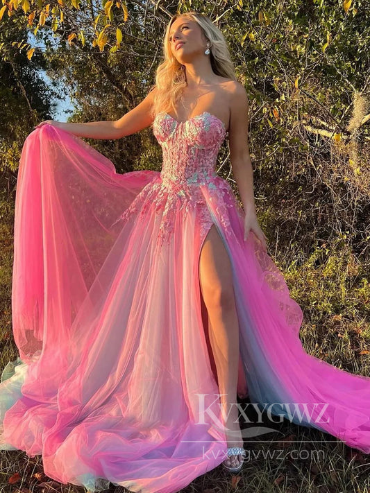 Cute A Line Sweetheart Colorful Tulle Slit Prom Dress with Appliques Evening Dress LF582