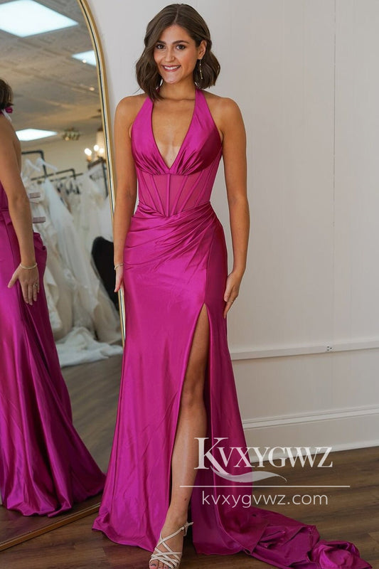 Chic Mermaid Evening Gown V Neck Fuchsia Satin Prom Dress with Slit LF583