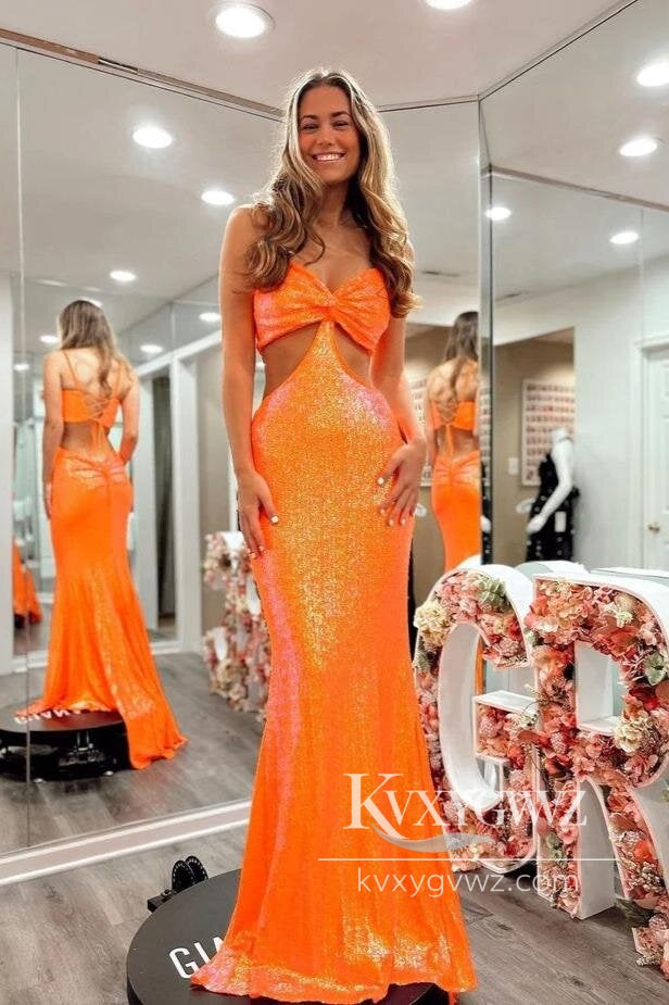 Charming Unique Mermaid Evening Gown V Neck Orange Sequins Long Prom Dress LF587