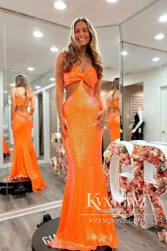 Charming Unique Mermaid Evening Gown V Neck Orange Sequins Long Prom Dress LF587