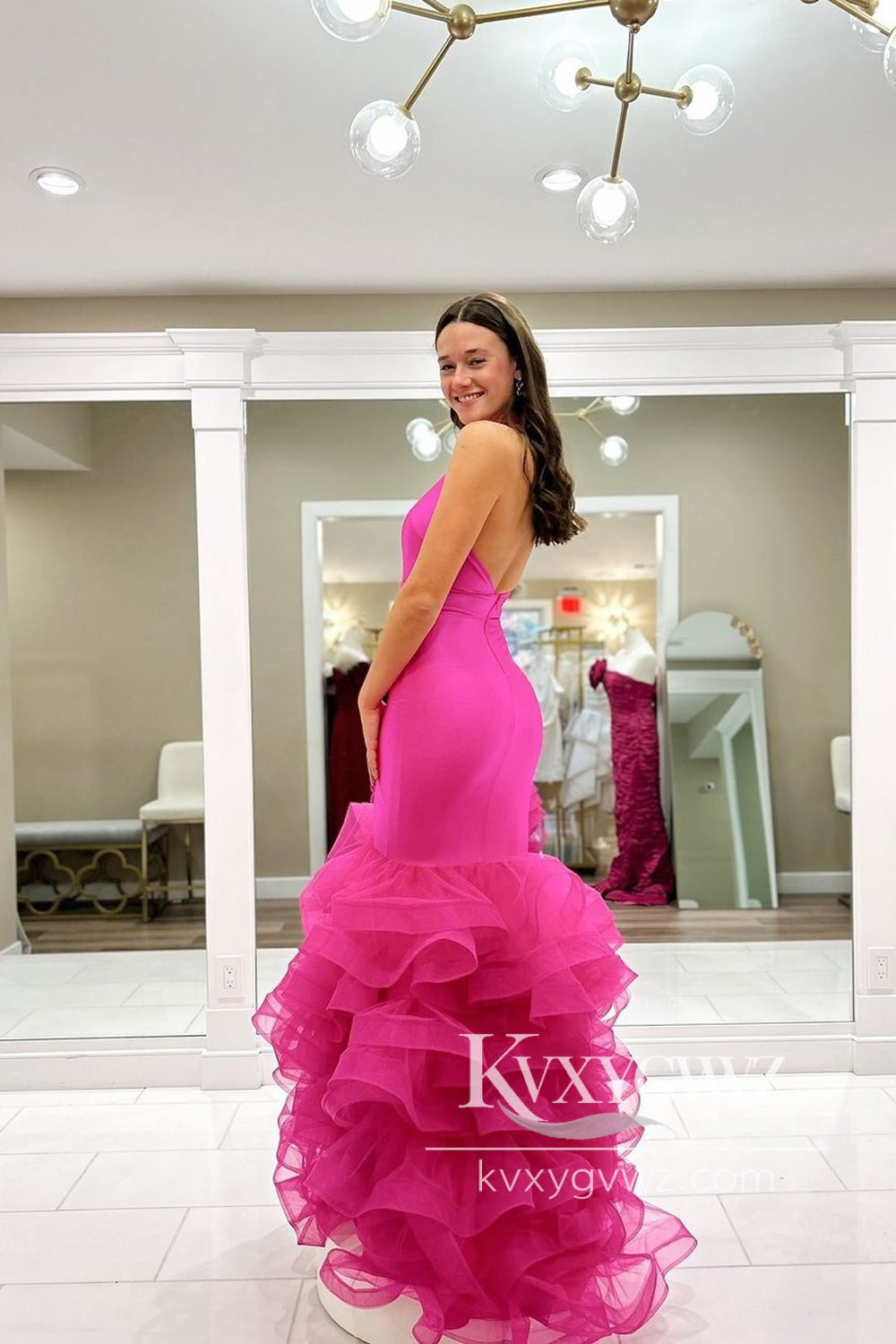 Charming Mermaid V Neck Evening Gown Fuchsia Ruffled Organza Long Prom Dress LF588