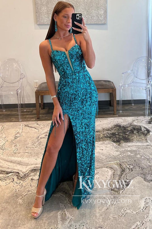 Charming Conspicuous Sheath Evening Gown V Neck Peacock Sequins Long Prom Dress with Beading LF591