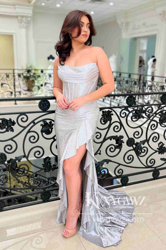 Chic Mermaid Sweetheart Silver Evening Gown Conspicuous Satin Long Prom Dress with Beading LF592