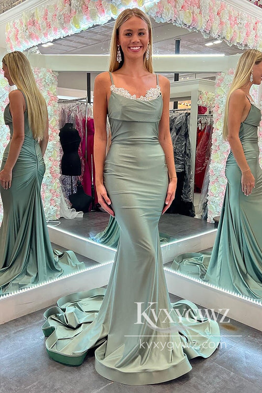 Chic Mermaid Scoop Neck Sage Green Evening Gown Satin Long Prom Dress LF593