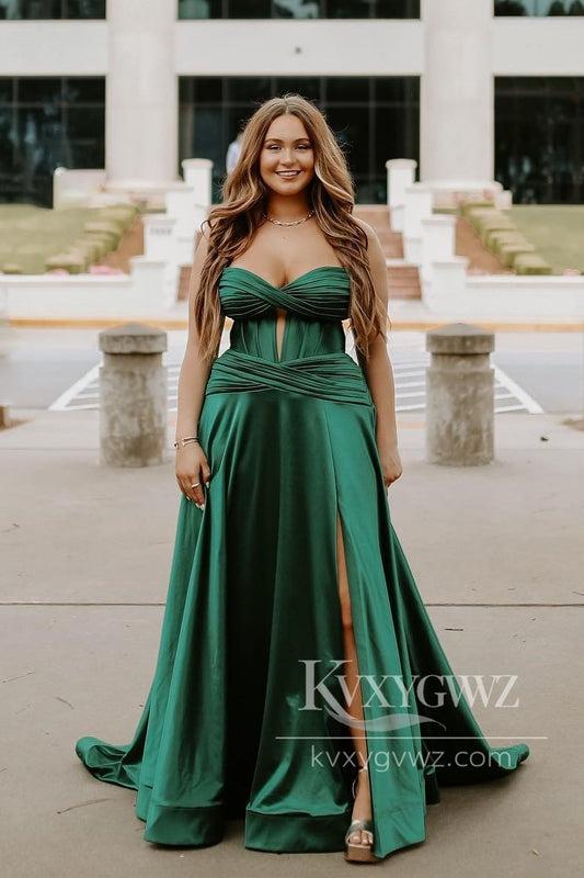 Stunning A Line Sweetheart Evening Gown Keyhole Burgundy Satin Slit Prom Dress  LF594