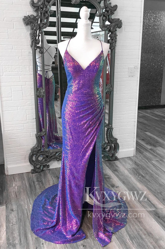 Chic Conspicuous Mermaid Evening Gown Purple Sequins V Neck Long Prom Dress with Slit LF595
