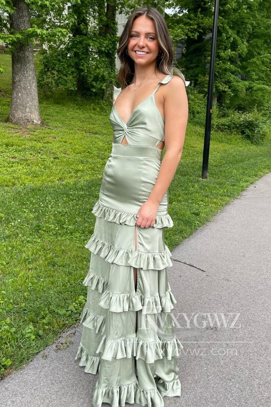 Chic Sheath V Neck Sage Green Evening Gown Silk Satin Tiered Maxi Prom Dress LF596