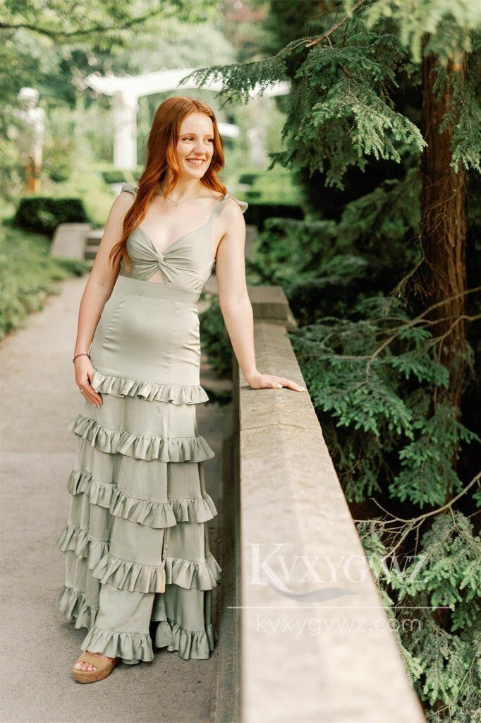 Chic Sheath V Neck Sage Green Evening Gown Silk Satin Tiered Maxi Prom Dress LF596
