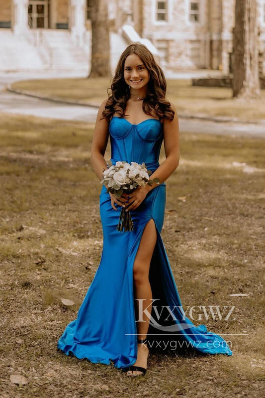 Charming Mermaid Sweetheart Evening Gown Royal Blue Satin Slit Prom Dress LF597