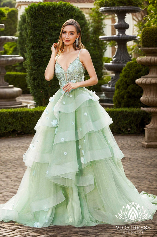 Ball Gown V Neck Sage Green Irregular Tulle Prom Dress Gown with 3D Flowers LF1261