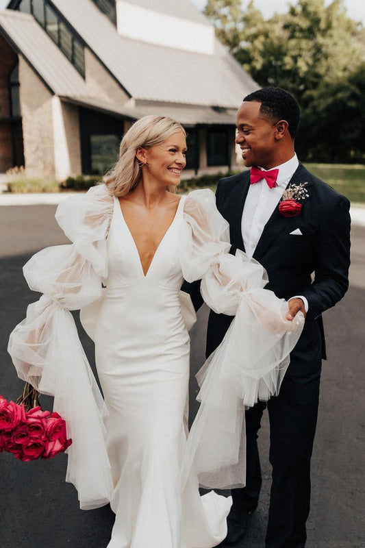 Pastoral Style Mermaid Satin Long Wedding Dresses Gown with Long Sleeves HS969