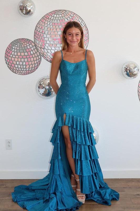 Dazzling Mermaid Scoop Neck Teal Tiered Conspicuous Satin Beading Prom Dress Gown