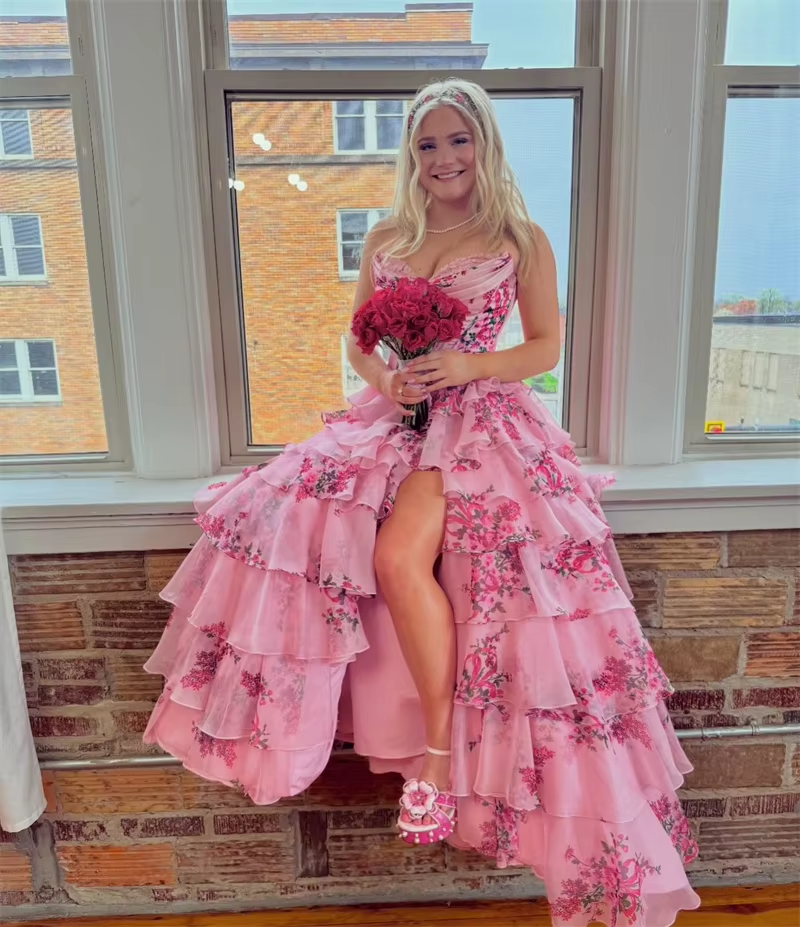Princess A-Line Strapless Evening Gown Blue Floral Printed Chiffon Long Prom Dress with Slit LF1359