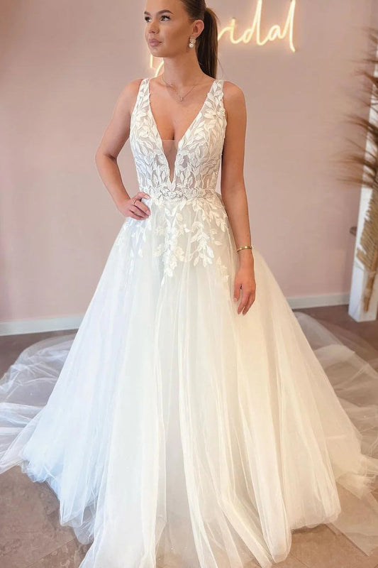 Graceful A Line V Neck Tulle Wedding Dresses Gown with Appliques HS685
