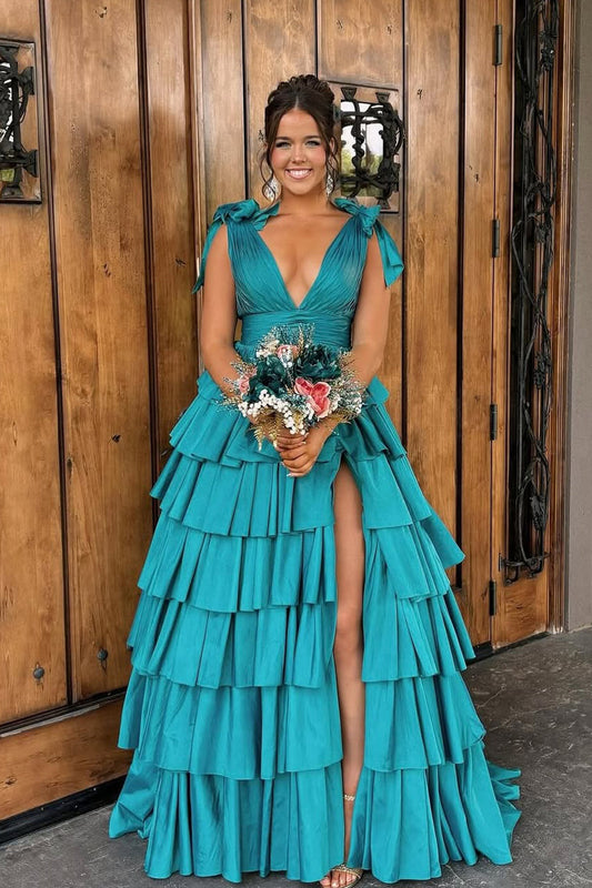 Stunging A Line V Neck Peacock Blue Taffeta Tiered Prom Dress Gown with Slit LF1385