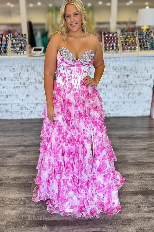A-Line Strapless Pink Floral Printed Ruffle Tiered Long Prom Dress Gown with Beadings LF1334