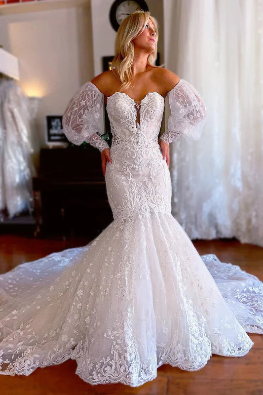 Gorgeous Mermaid Sweetheart Lace Wedding Dresses/Gowns with Sleeves HS2410214