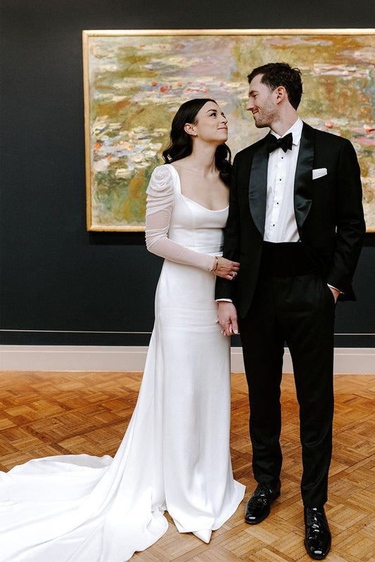 Glamorous Mermaid Square Neck Long Sleeves White Satin Wedding Dresses Gown HS683