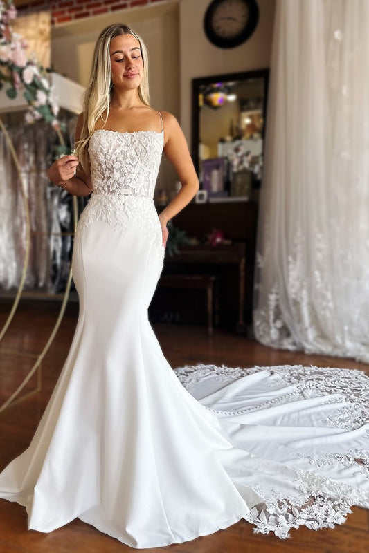 Graceful Mermaid Scoop Neck Satin Long Wedding Dresses Gown HS923