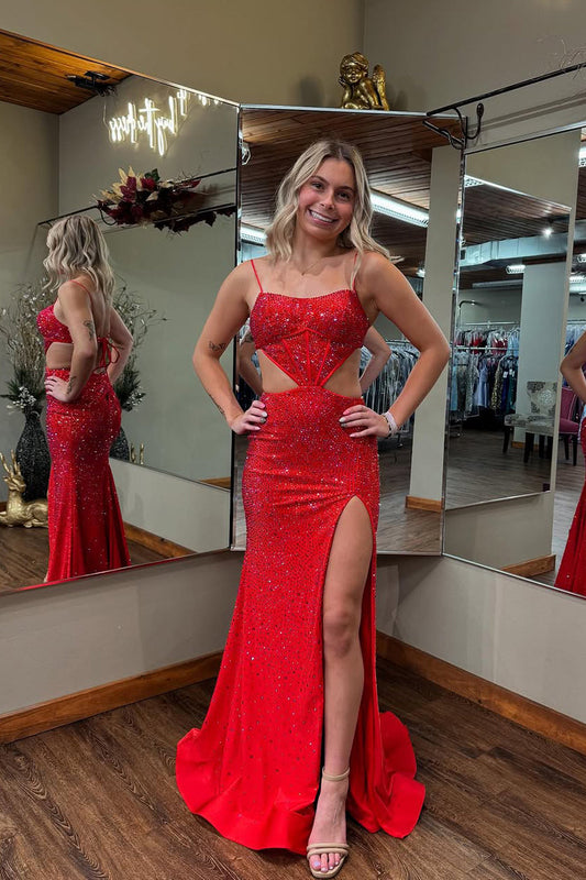 Dazzling Fashion Mermaid Red Satin Long Prom Dress Gown with Beading LF1219