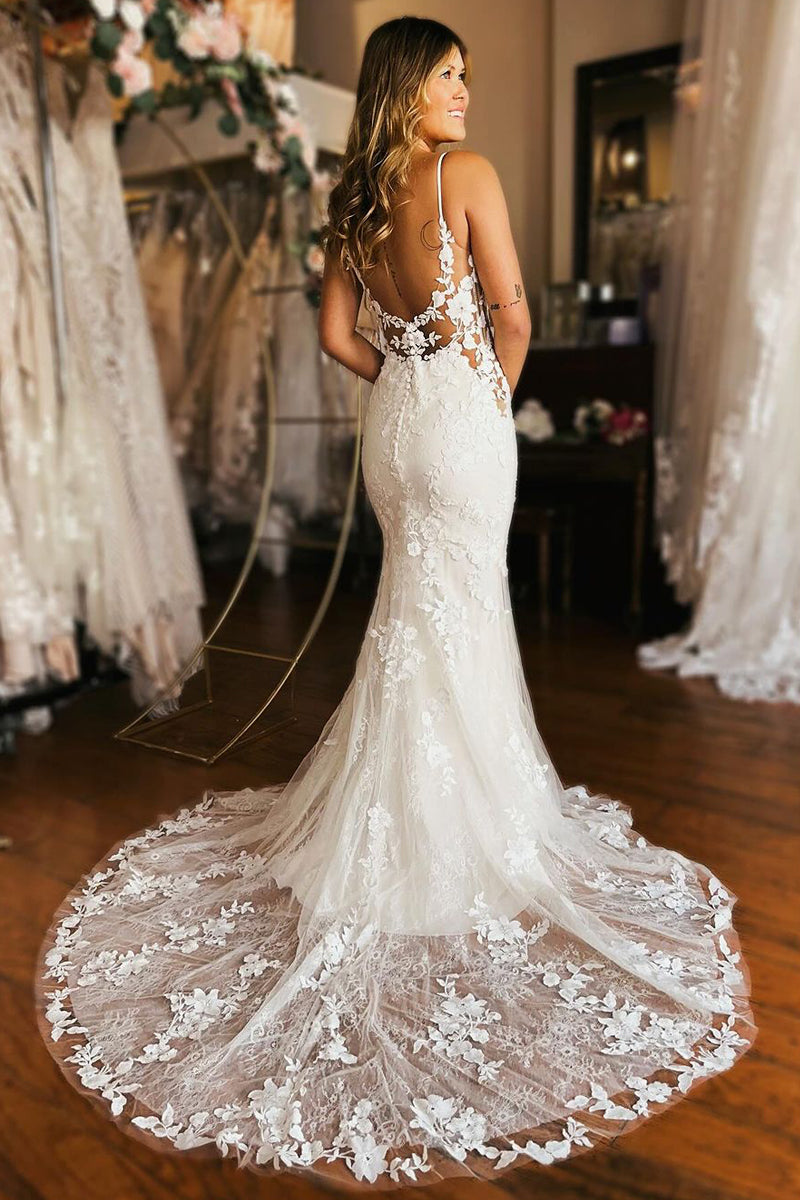 Elegant Mermaid V Neck Lace Wedding Dresses/Gowns HS24012001