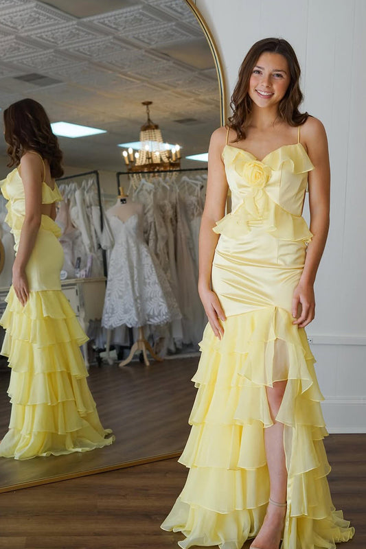 Mermaid Spaghetti Straps Yellow Ruffle Chiffon Long Prom Dress Gown with Slit LF1222