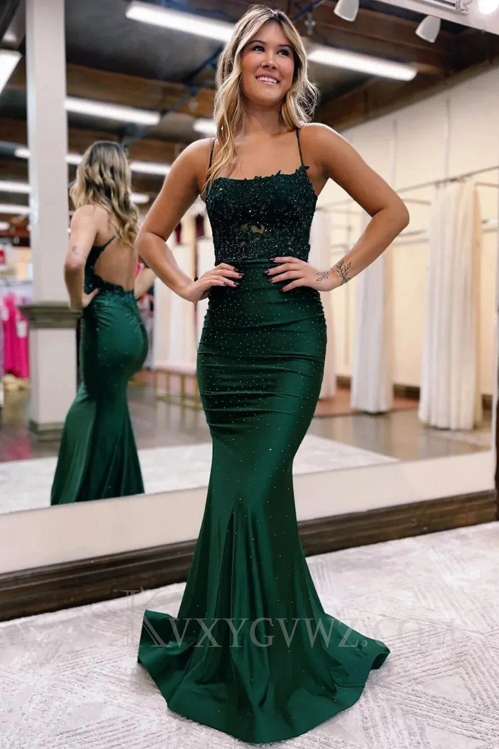 Sparkly Dark Green Beaded Evening Gown Long Mermaid Prom Dress with Appliques LF006