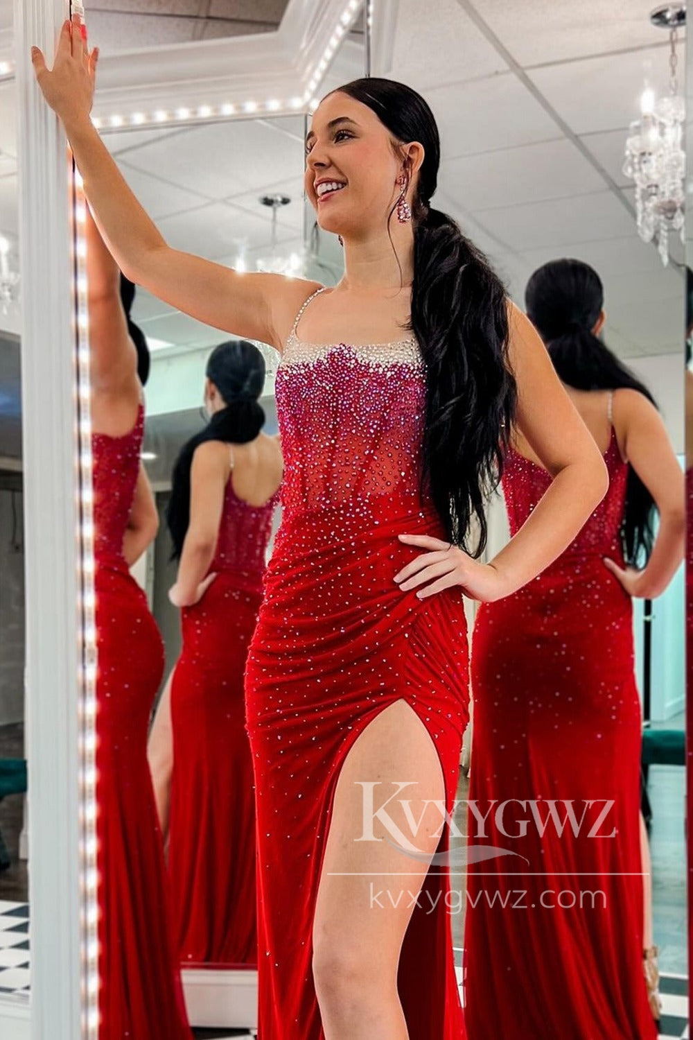 Charming Spaghetti Straps Evening Gown Dark Green Beaded Mermaid Prom Dress LF600