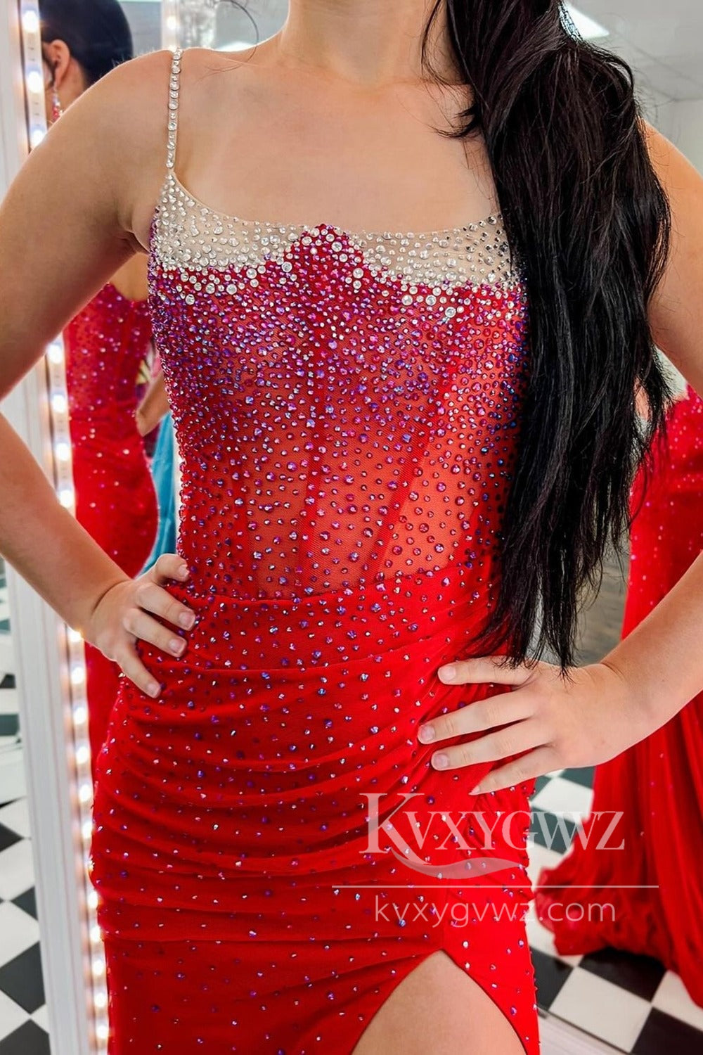 Charming Spaghetti Straps Evening Gown Dark Green Beaded Mermaid Prom Dress LF600
