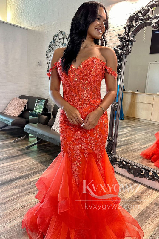 Stunning Mermaid Off the Shoulder Evening Gown Orange Lace Long Prom Dress with Appliques LF602