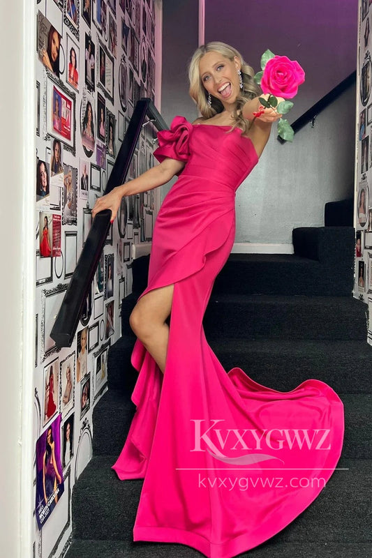 Charming Mermaid Strapless Evening Gown Fuchsia Satin Slit Prom Dress with Bow LF604
