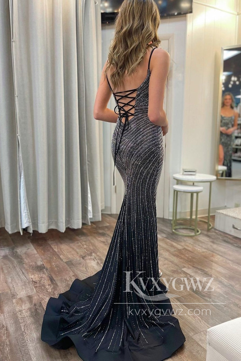 Charming Mermaid Straps Evening Gown Black Beaded Prom Dress with Slit LF607