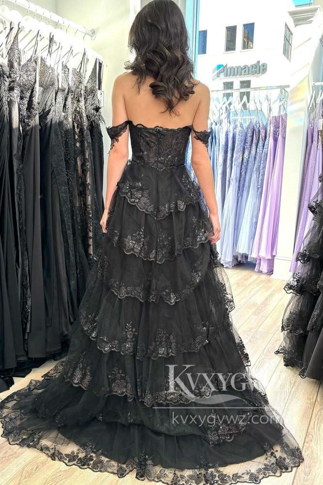 Stunning A Line Off the Shoulder Black Evening Gown Tulle Lace Appliques Tiered Prom Dress LF609