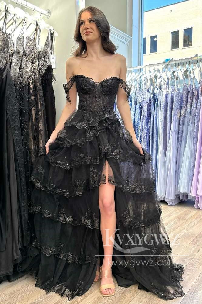Stunning A Line Off the Shoulder Black Evening Gown Tulle Lace Appliques Tiered Prom Dress LF609