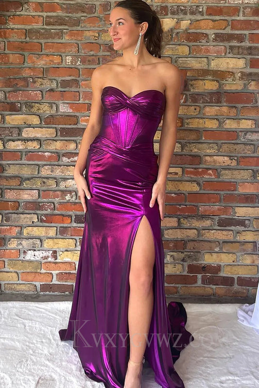 Mermaid Metallic Dark Purple Strapless Long Prom Dress With Slit LF061