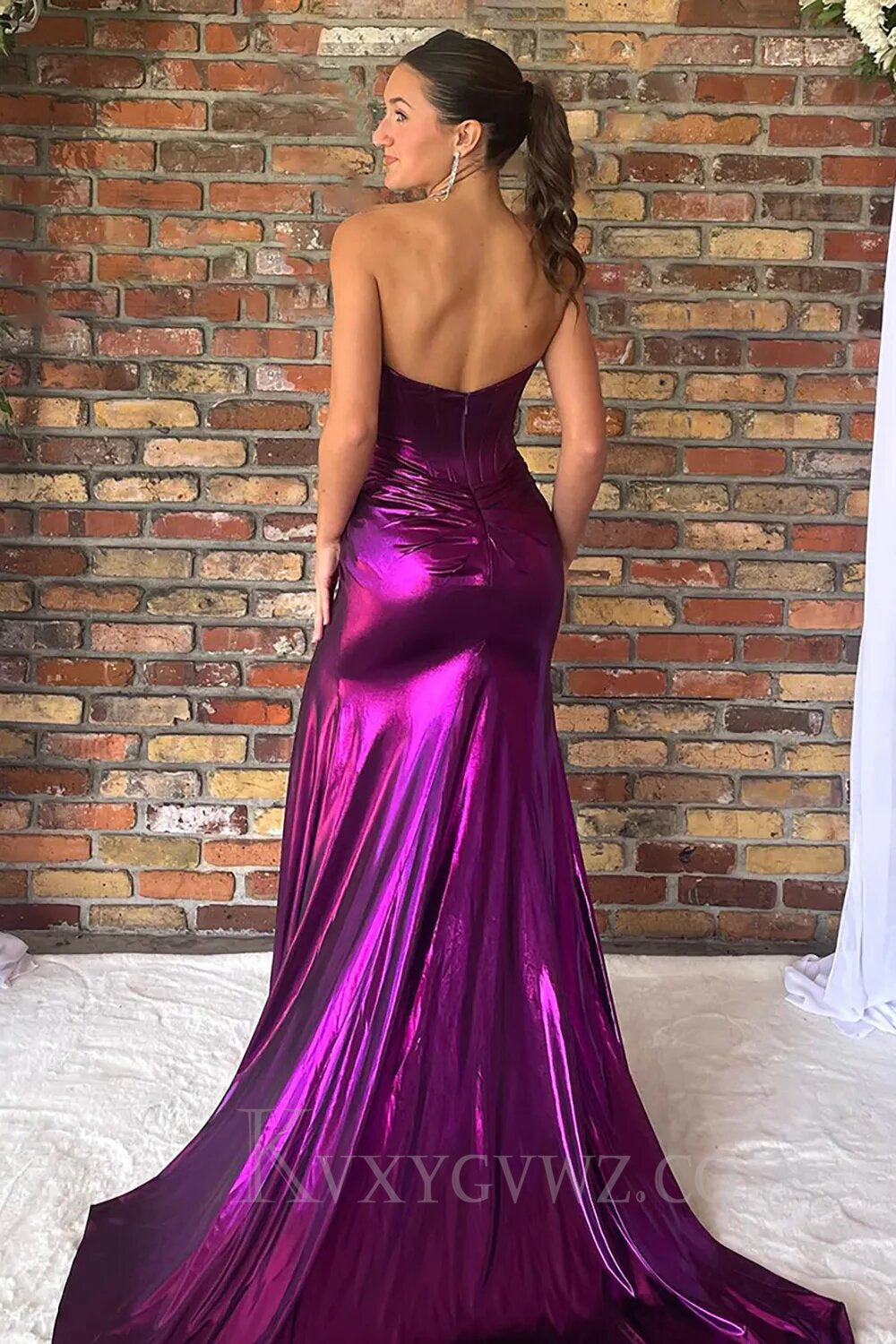 Mermaid Metallic Dark Purple Strapless Long Prom Dress With Slit LF061
