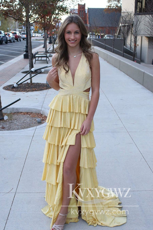Stunning A Line Deep V Neck Evening Gown Yellow Hot Stone Beading Prom Dress with Slit LF611