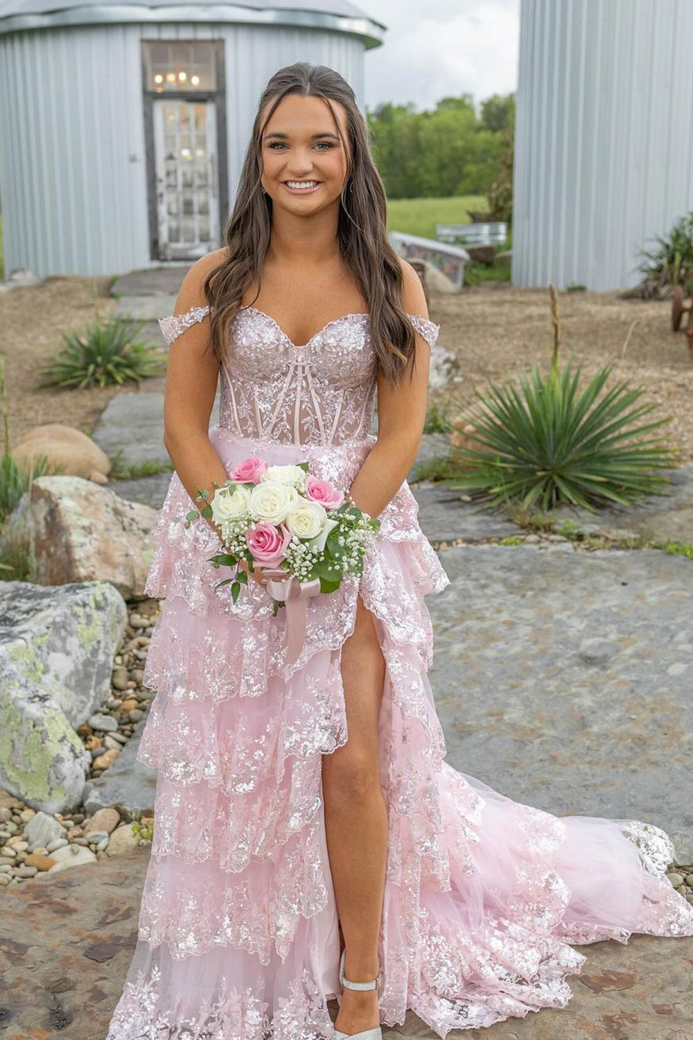 Stunning A Line Off the Shoulder Pink Tiered Tulle Long Prom Dress Gown with Appliques LF688