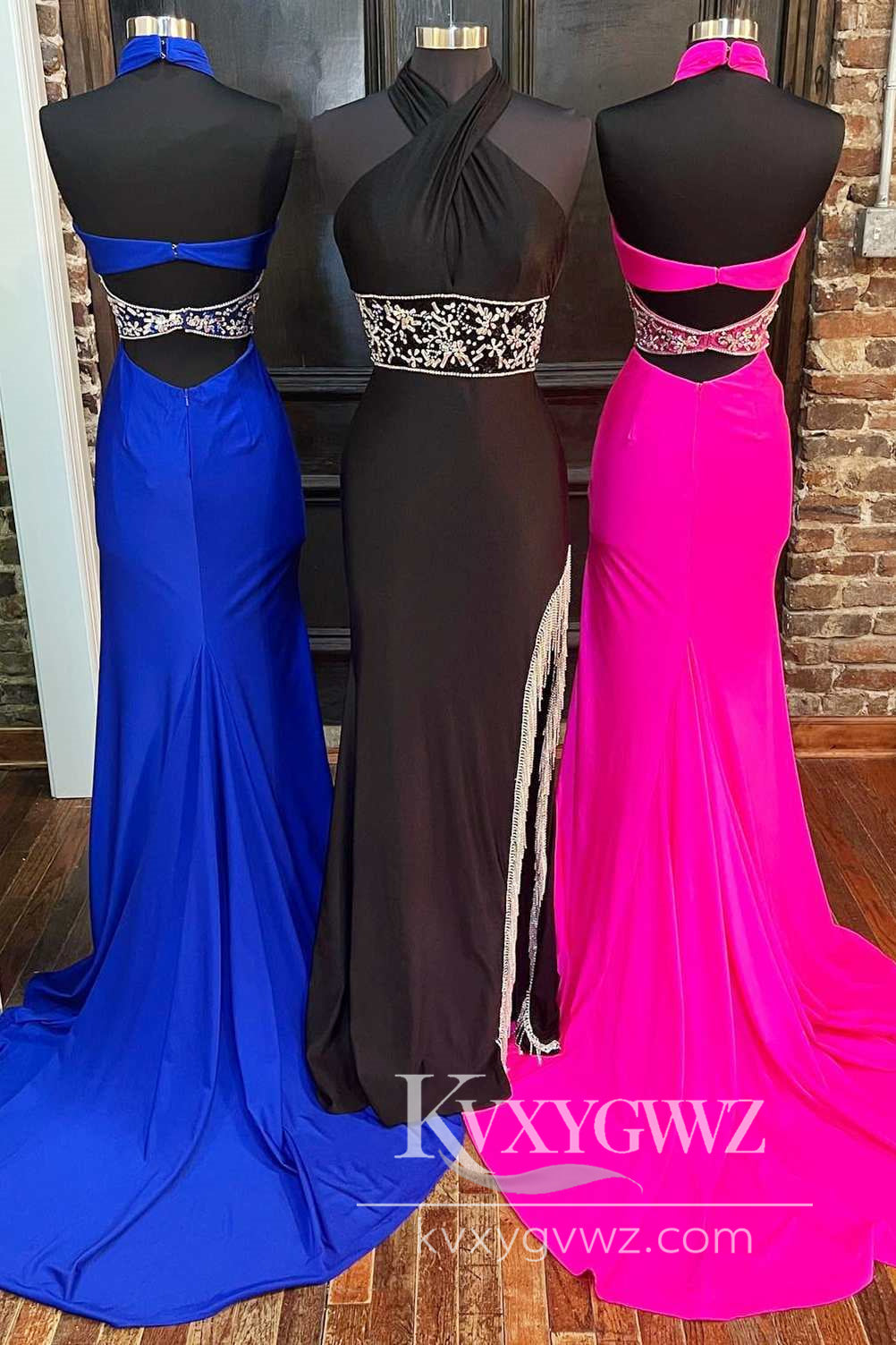 Stunning Mermaid Evening Gown Cross-Front Neck Fuchsia Satin Long Prom Dress with Beading LF614