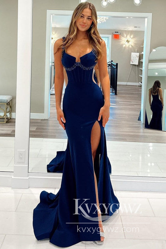 Charming Mermaid Evening Gown Red Satin Beaded Prom Dress with Split LF615