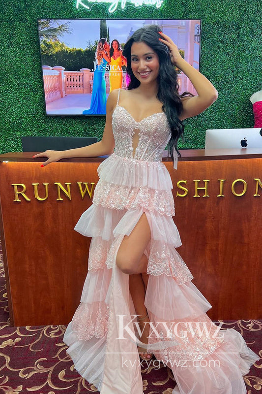 Stunning A Line Sweetheart Evening Gown Blush Pink Tulle Tiered Prom Dress LF617