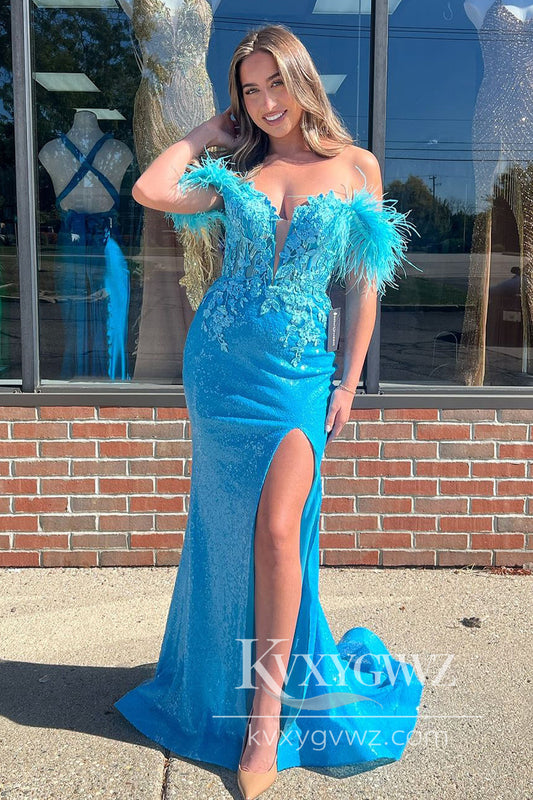 Stunning Mermaid Evening Gown Off the Shoulder Sequins Feather Prom Dress with Appliques LF618