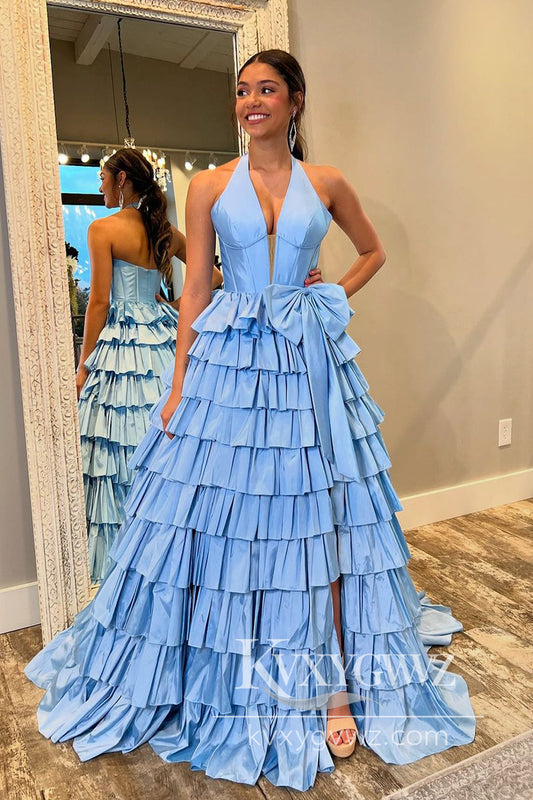 Stunning Ball Gown V Neck Blue Tiered Evening Gown Taffeta Slit Prom Dress with Bow LF619
