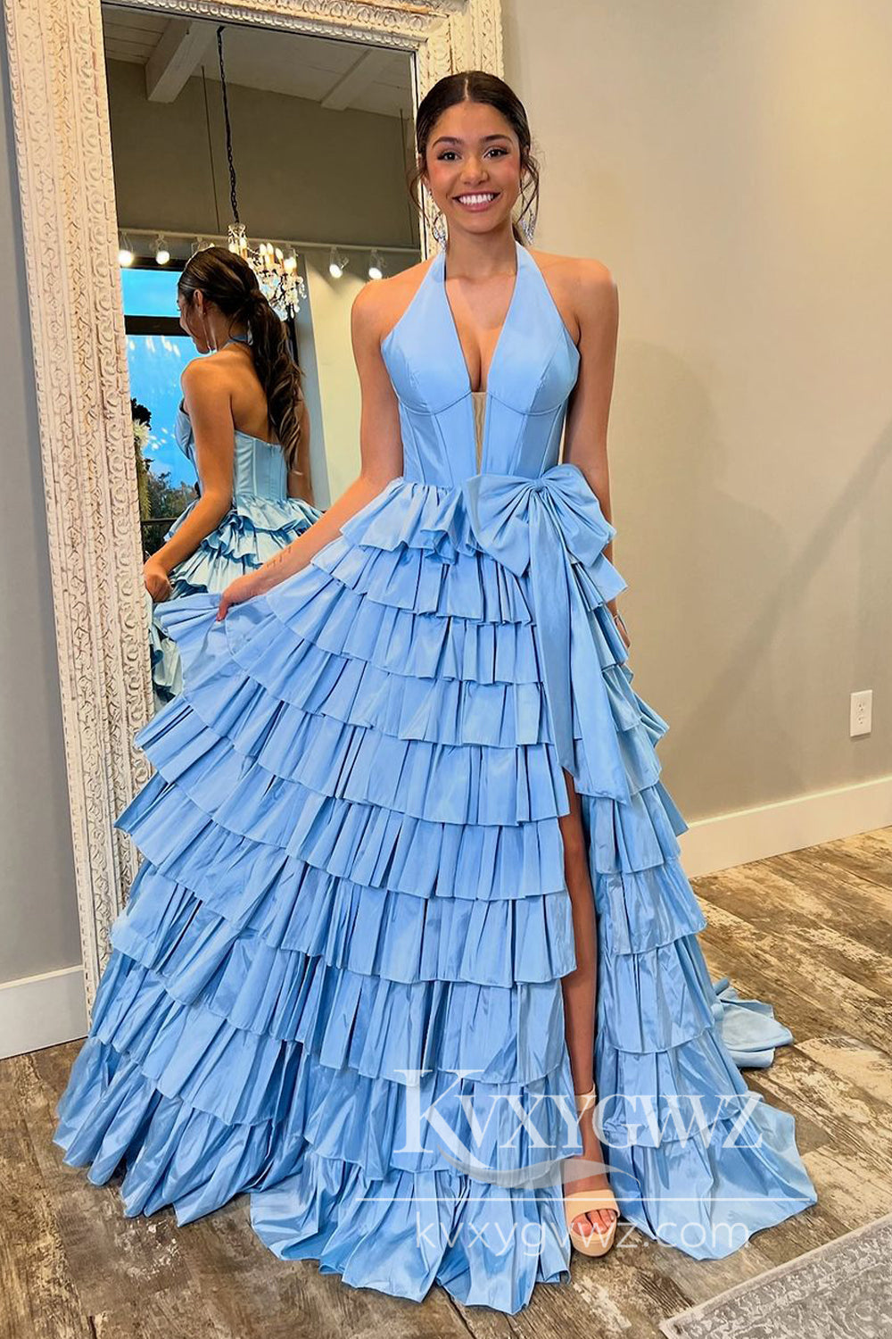 Stunning Ball Gown V Neck Blue Tiered Evening Gown Taffeta Slit Prom Dress with Bow LF619