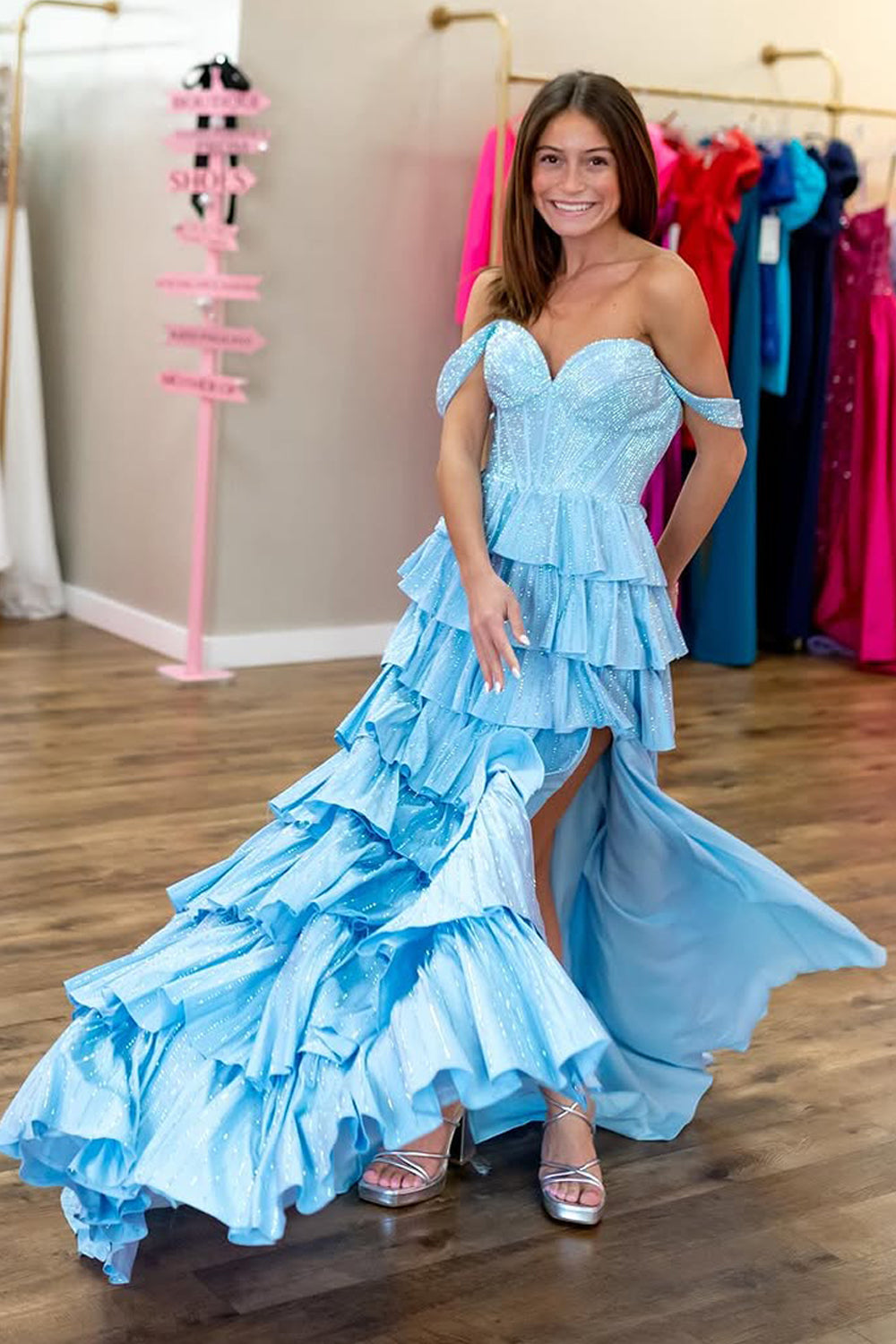 A-Line Off the Shoulder Light Blue Ruffle Tiered Long Prom Dress Gown with Slit LF1272