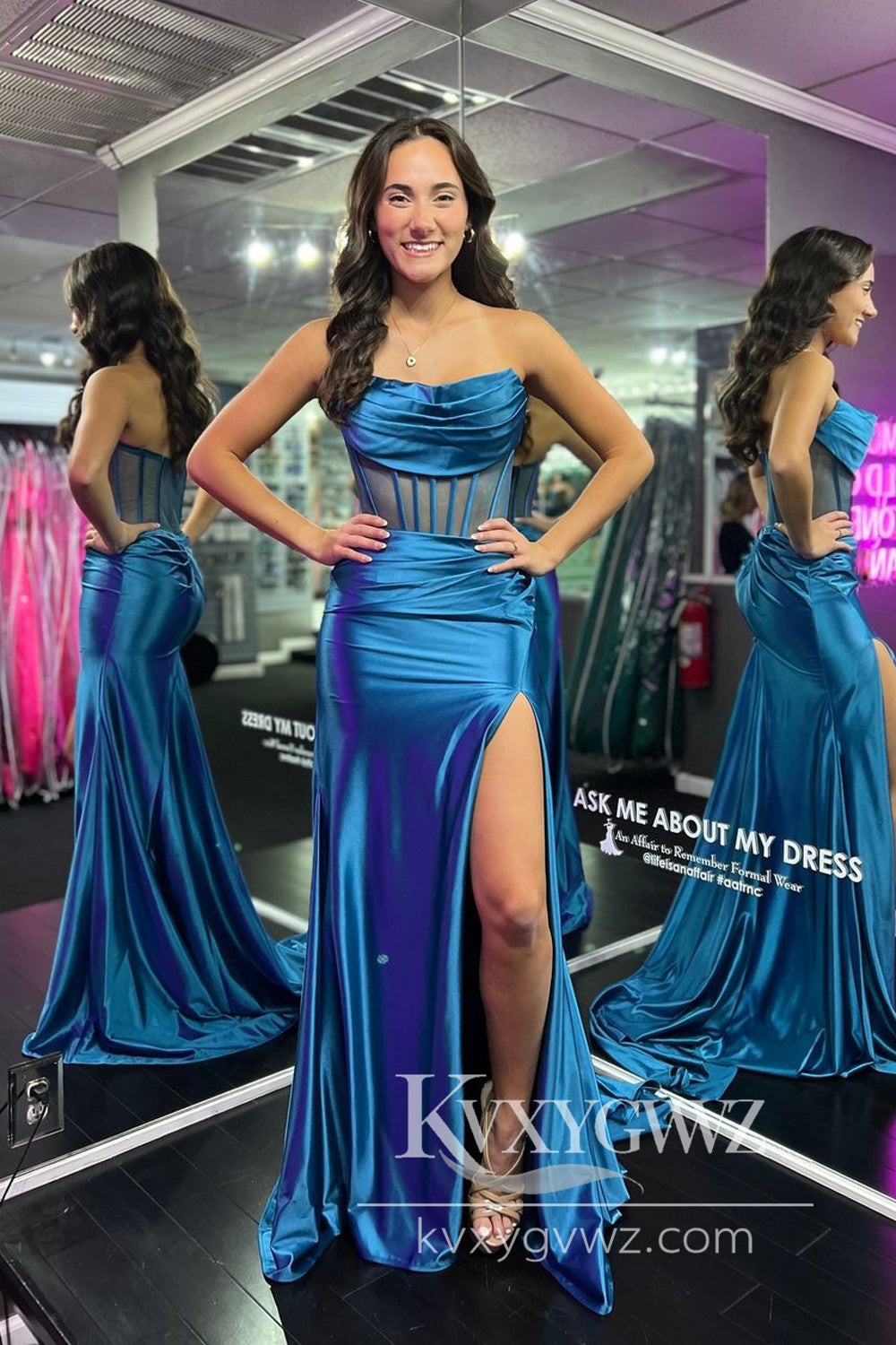 Stunning Mermaid Evening Gown Cowl Neck Satin Slit Prom Dress LF620