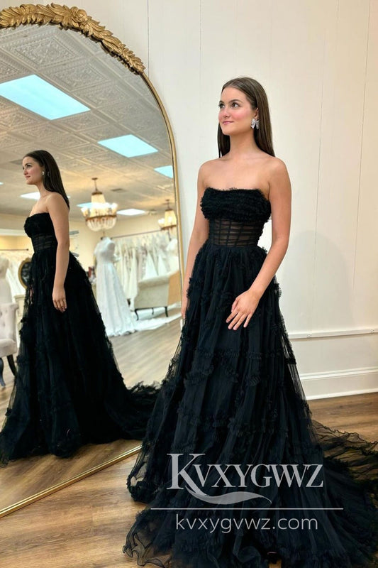 Stunning Black Sweetheart Evening Gown Black Tiered Tulle Lone Prom Dress LF622