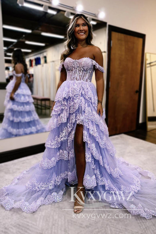 Stunning Ball Gown Off the Shoulder Evening Gown Lavender Tiered Tulle Prom Dress with Appliques LF623