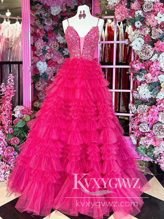 Stunning A Line V Neck Evening Gown Fuchsia Tiered Ruffles Tulle Long Prom Dress with Appliques LF624