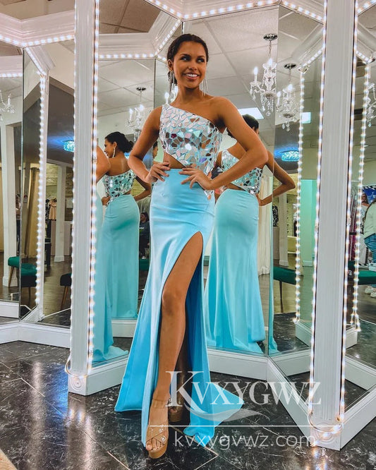 Charming Mermaid Evening Gown One Shoulder Beaded Slit Prom Dress LF625